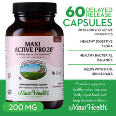 Close-up of Maxi Health Probiotics capsules for digestion support