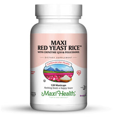 Maxi Health Red Yeast Rice 600mg bottle supports daily heart wellness.