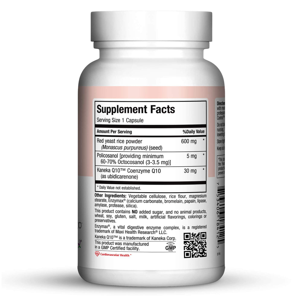 Close-up of Maxi Health Red Yeast Rice 600mg label shows clean ingredients.