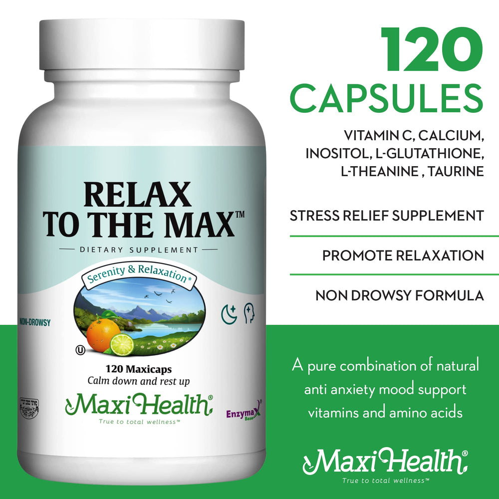 Maxi Health Relax to The Max ingredients visual with L-Theanine and Vitamin C.