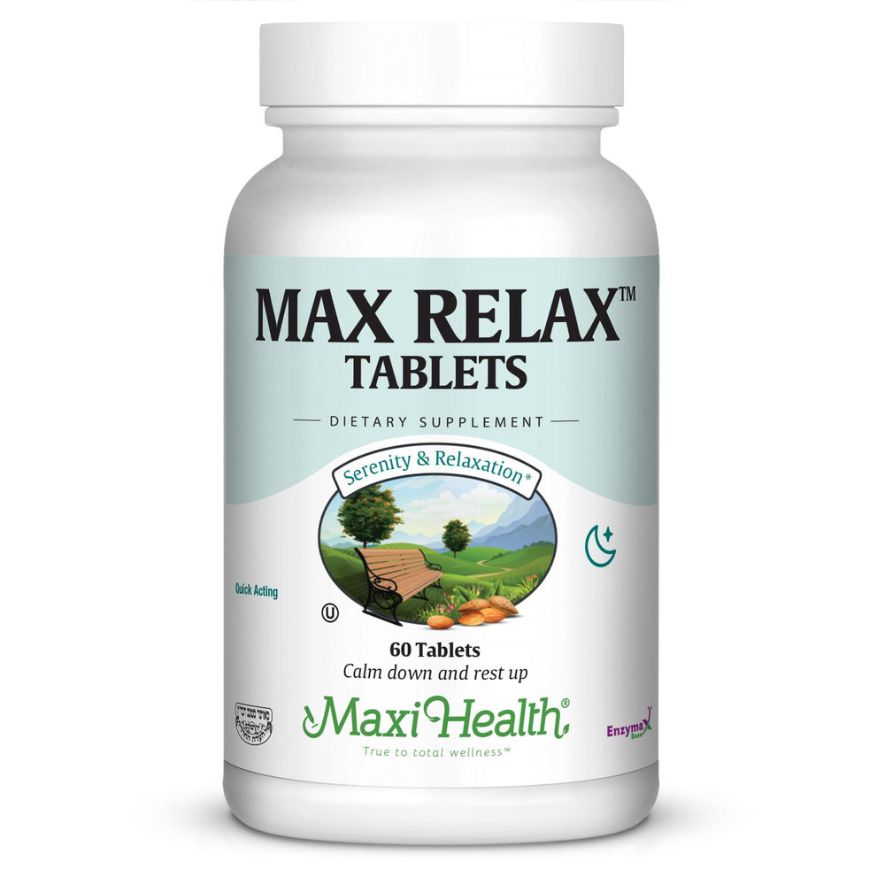 Maxi Health Stress Relief bottle shows a natural mood support for daily balance.