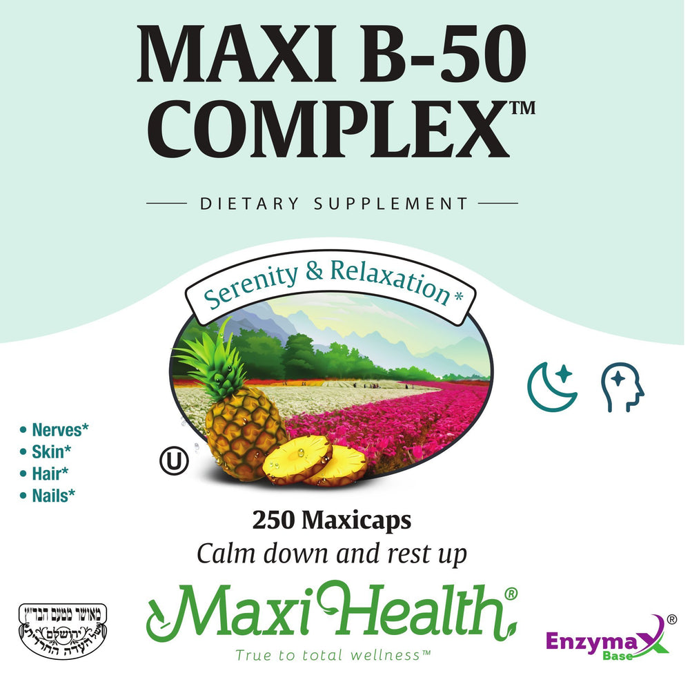 Packaging scene of Maxi Health Stress Relief Vitamin B Complex on kitchen counter