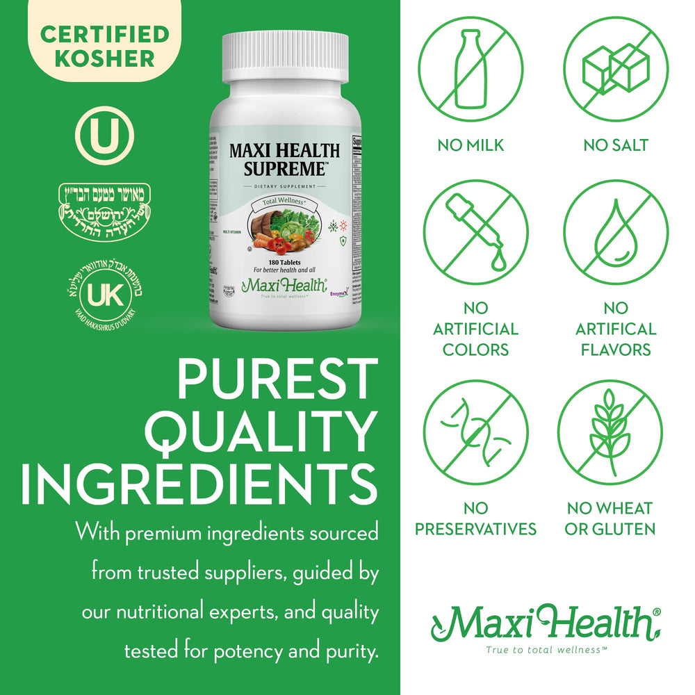 Kosher certification badge beside Maxi Health Supreme bottle