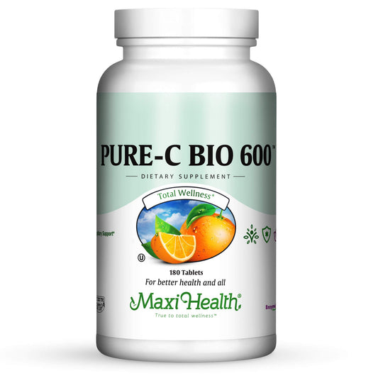 Maxi Health Vitamin C 600mg bottle with lemon bioflavonoids for daily immune support.
