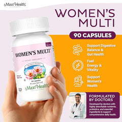 Back label of Maxi Health Womens Multivitamin shows ingredient highlights.