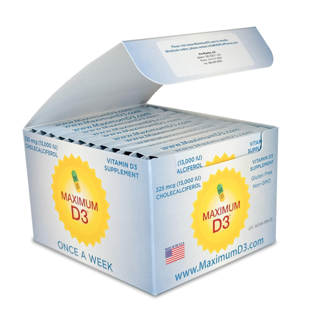 Maximum D3 box with 60 capsules supports weekly vitamin D intake.