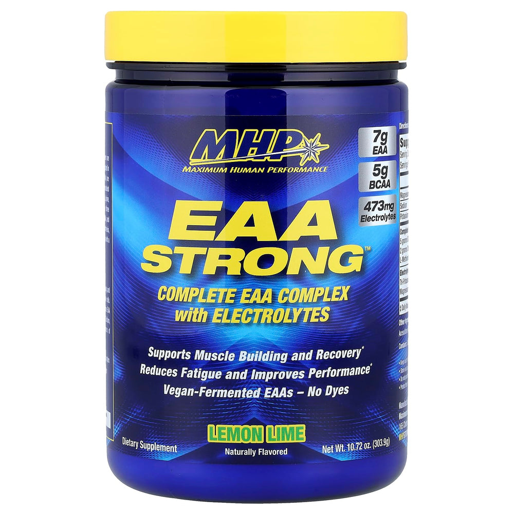 Maximum Human Performance MHP EAA Strong bottle pour shows lemon-lime hydration for workouts