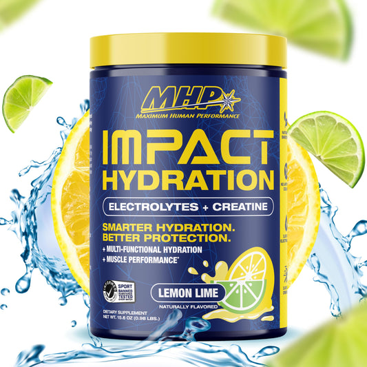 MHP Impact Hydration Lemon Lime bottle emphasizes electrolyte-rich hydration for workouts