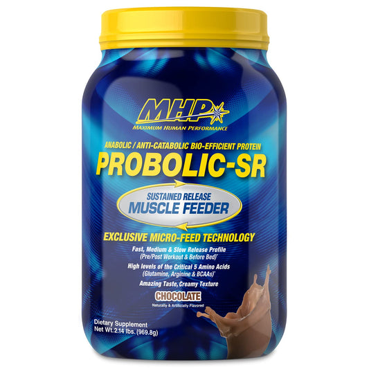 Maximum Human Performance Probolic-SR bottle in chocolate flavor supports sustained amino acids.