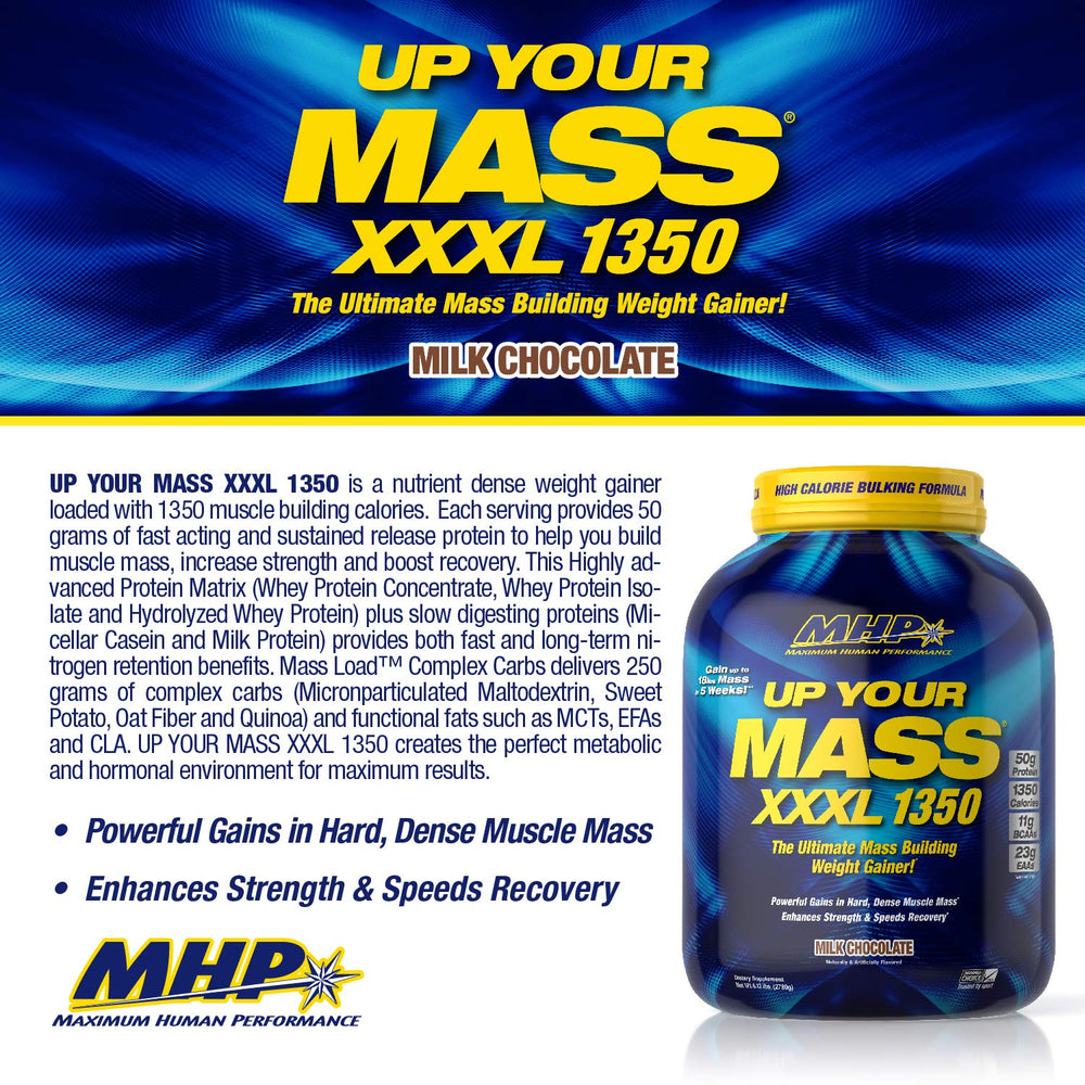 Maximum Human Performance UYM XXXL tub with scoop highlights 50g protein per serving