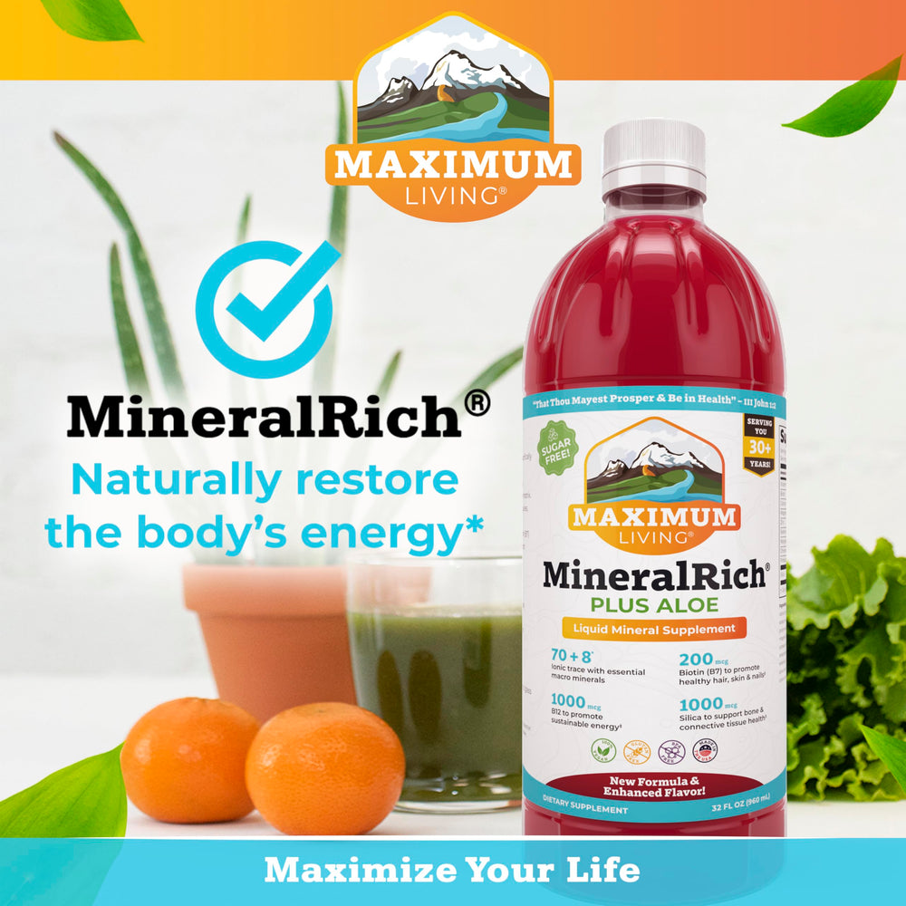 Maximum Living MineralRich bottle with dropper demonstrates easy dosing