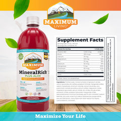 Maximum Living MineralRich label closeup highlights minerals and Aloe