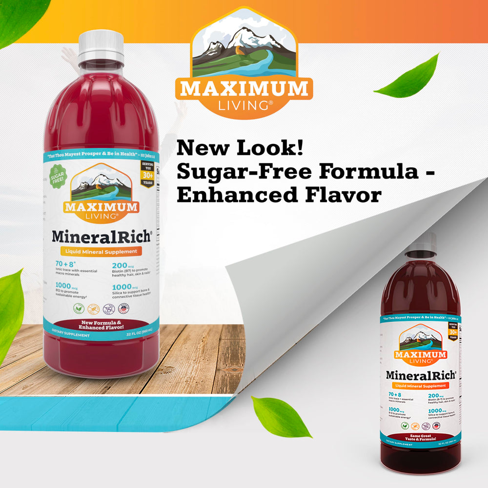 Maximum Living MineralRich bottle front showing size and packaging.