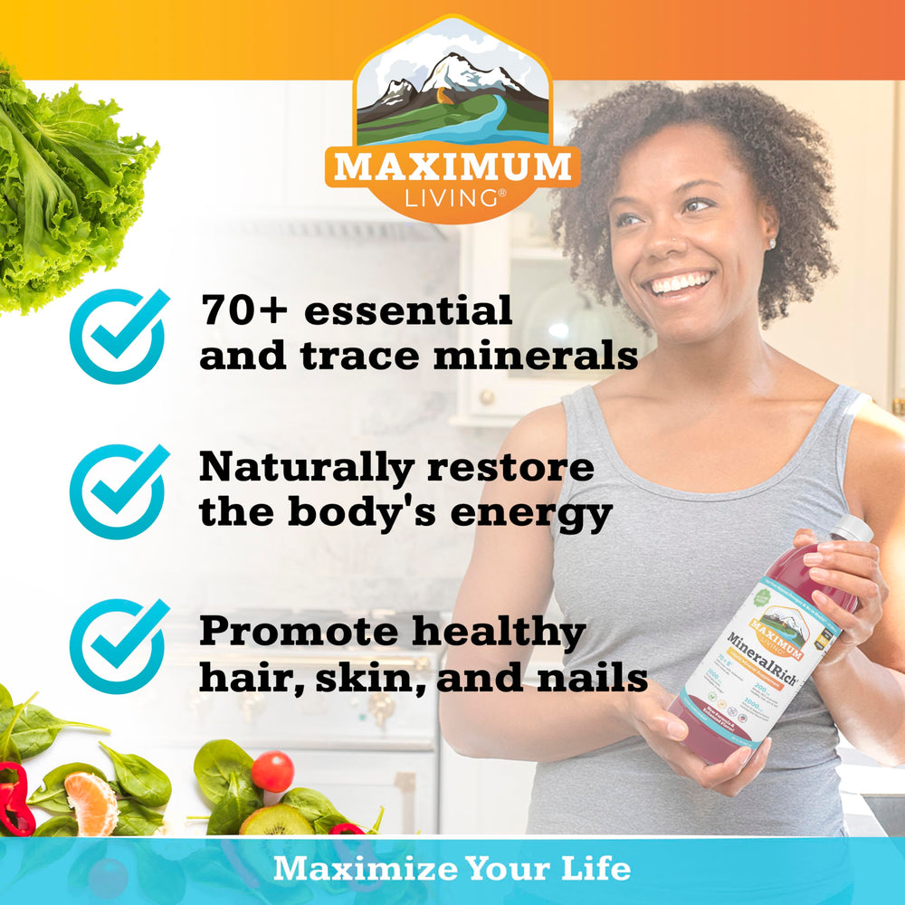 Maximum Living MineralRich liquid closeup highlighting the mineral blend.