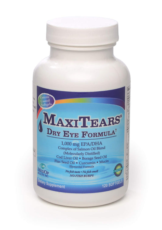 MaxiTears MedOp Dry Eye Formula bottle front showing 120 softgels for daily use