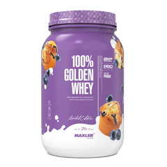 Maxler 100% Golden Whey Blueberry Muffin tub shows protein-rich powder for daily shakes.