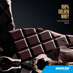 Maxler 100% Golden Whey chocolate shake displays rich flavor.