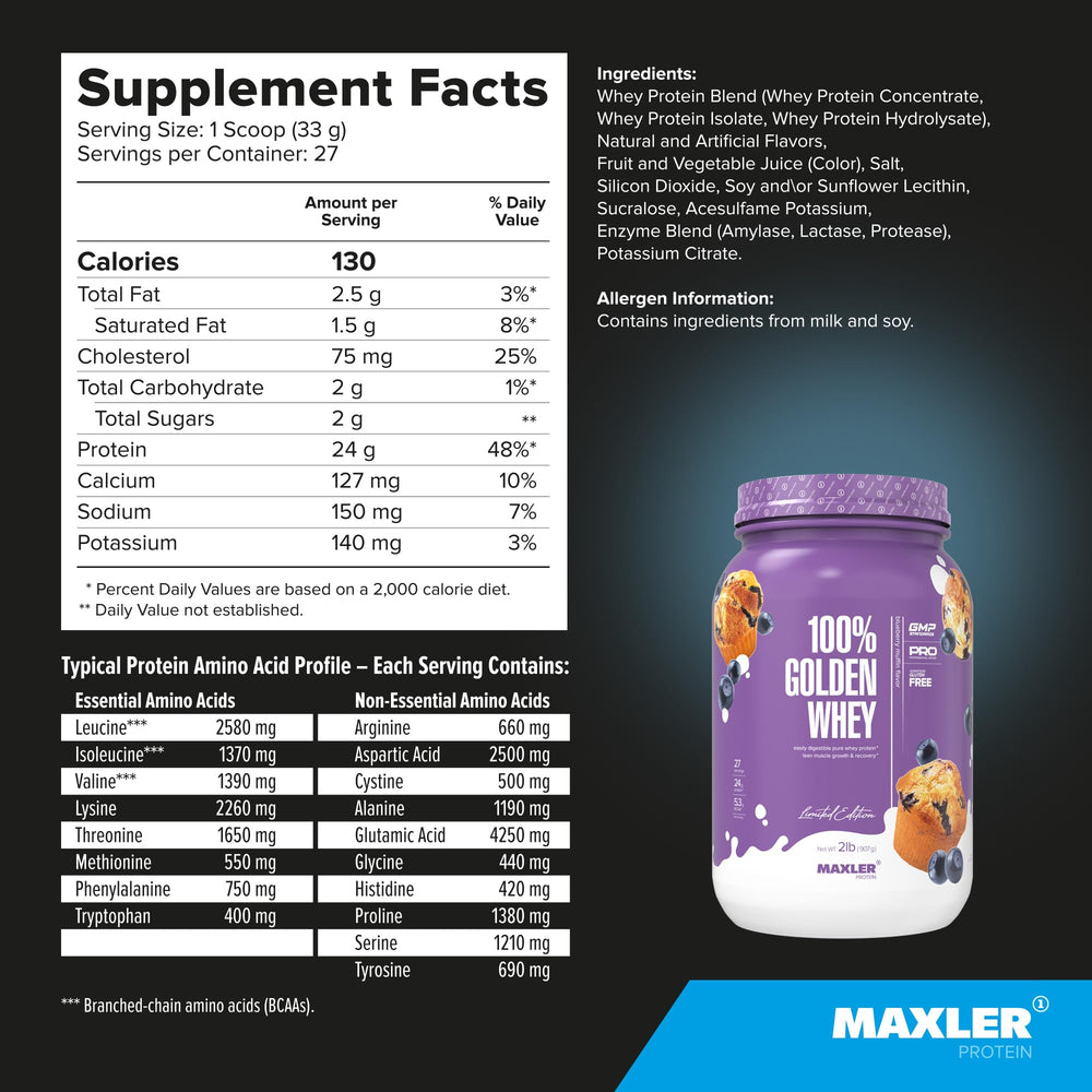 Maxler 100% Golden Whey made in USA with GMP standards.