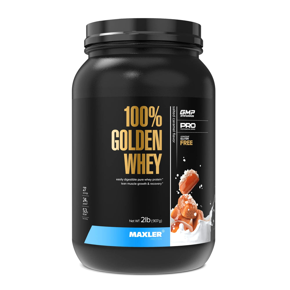 Maxler 100% Golden Whey salted caramel tub showing protein-rich formula for post-workout fueling.
