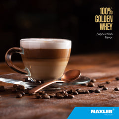 Maxler 100% Golden Whey tub open, powder ready for protein fueling