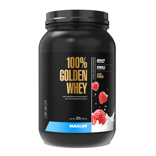 Maxler 100% Golden Whey canister highlights premium protein blend for athletes.