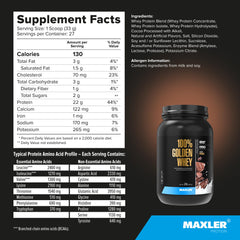 Maxler 100% Golden Whey chocolate powder delivers smooth mixability.