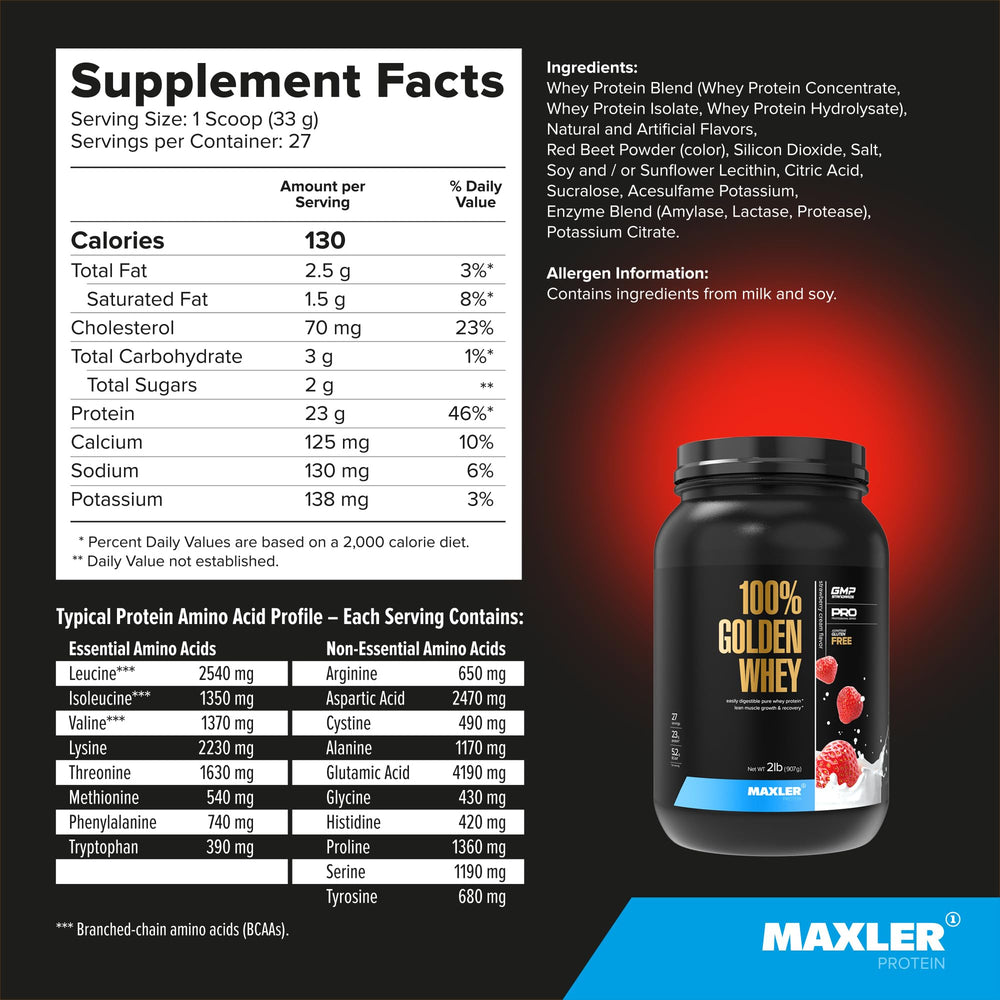 Maxler 100% Golden Whey nutrition facts panel highlights 23 g protein per serving.