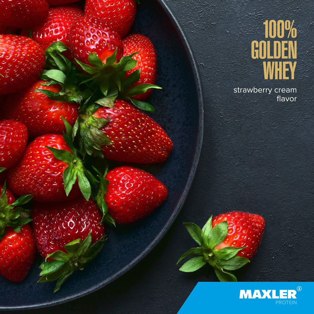 Maxler 100% Golden Whey shake glass showcases creamy Strawberry Cream flavor.