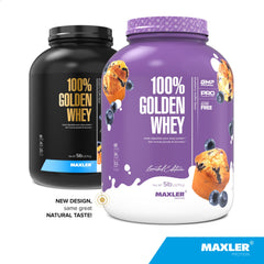 Maxler 100% Golden Whey blueberry muffin tub label highlights flavor and protein blend