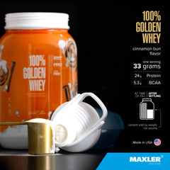 Close-up of Maxler Golden Whey powder for fast-absorbing protein
