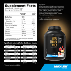 USA-made Maxler 100% Golden Whey with GMP standards badge.