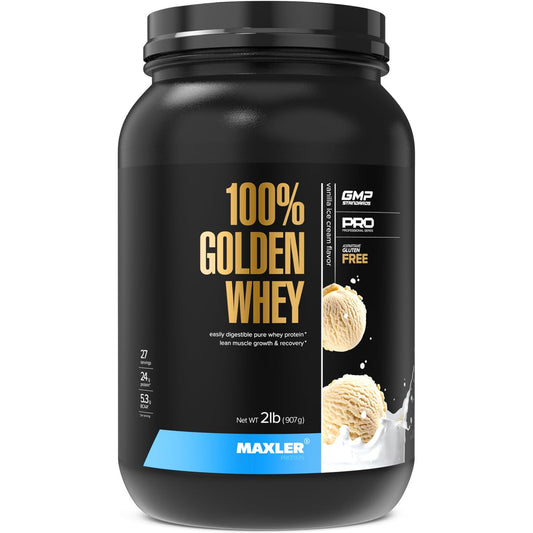 Maxler 100% Golden Whey tub in vanilla ice cream flavor for muscle support