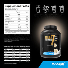 Maxler Golden 7 nutrition facts label emphasizes protein, calories, and amino acids