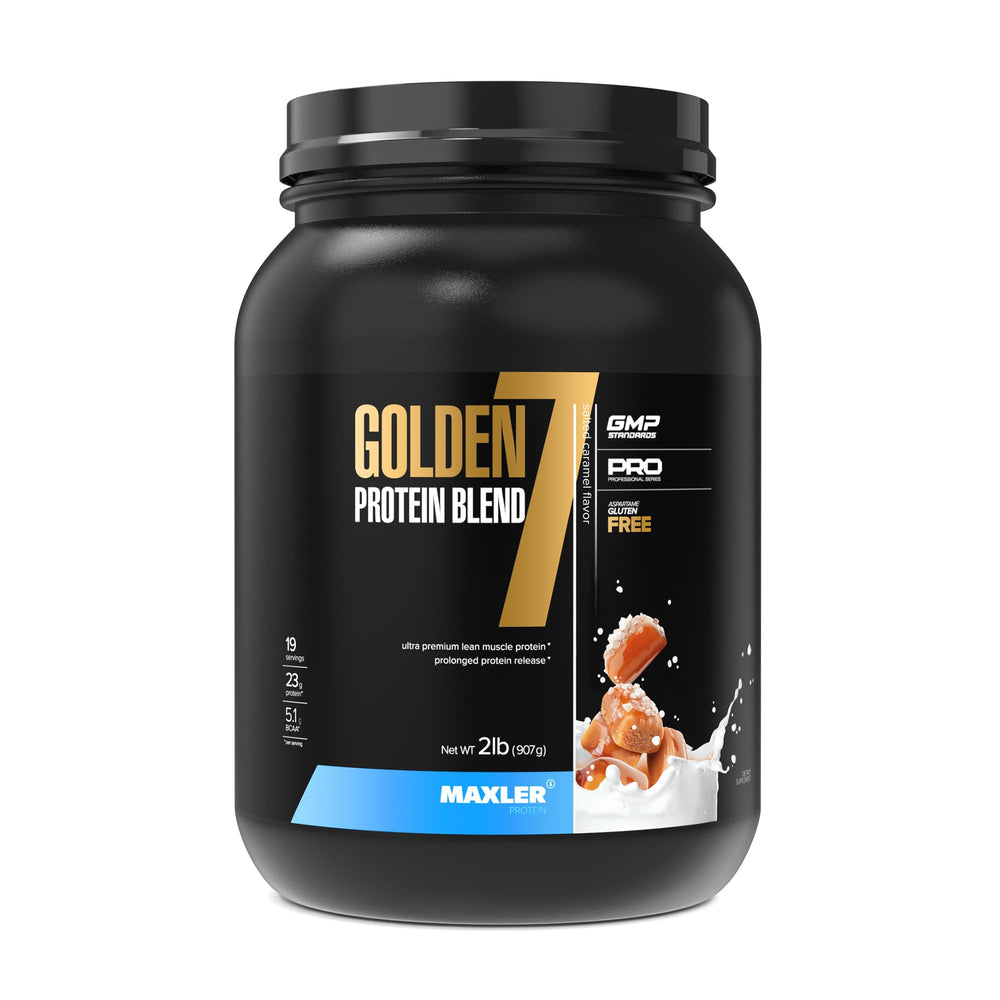 Maxler Golden 7 Protein Blend tub front, premium protein for muscle support