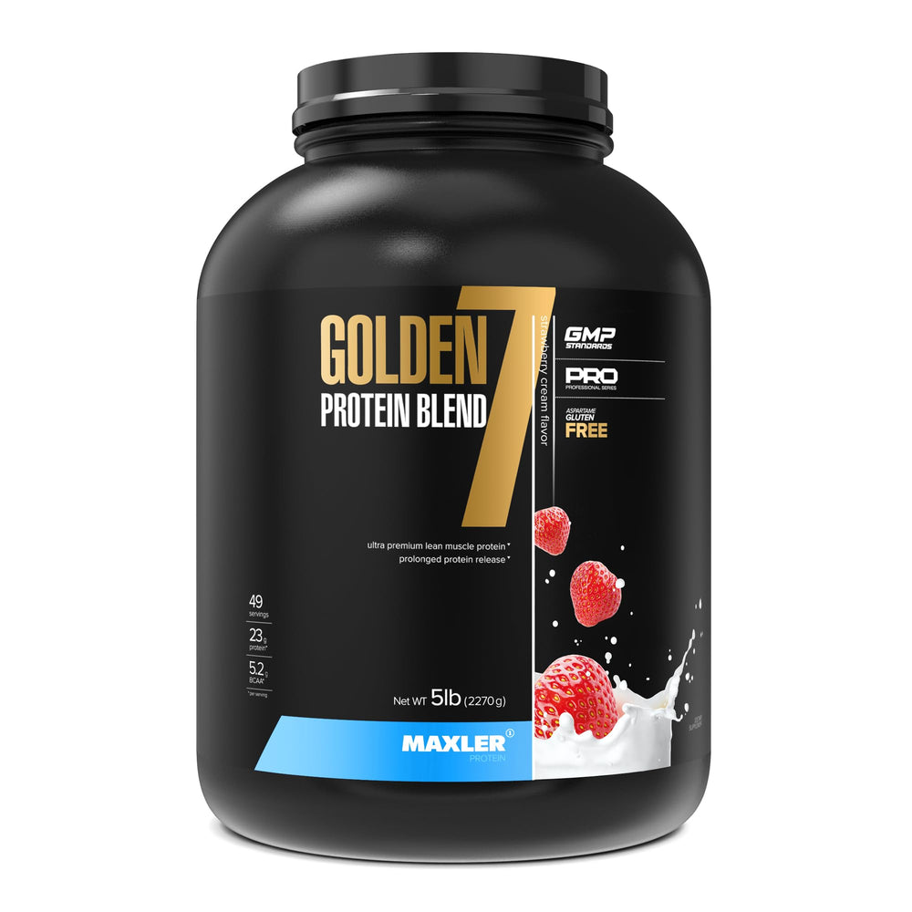 Maxler Golden 7 protein bottle highlighting versatile blend for daily use