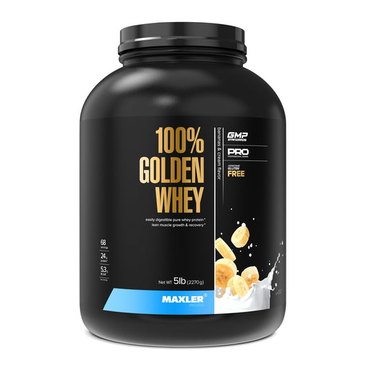 Maxler 100% Golden Whey banana cream powder ready to mix for a flavorful shake