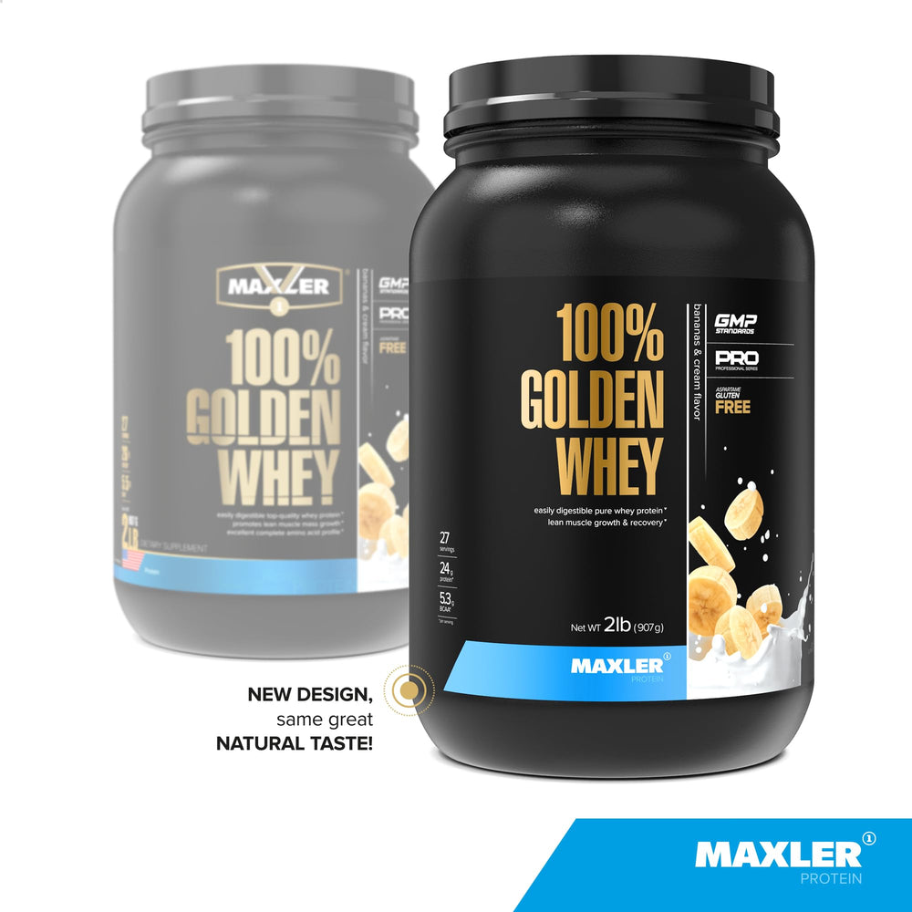 Maxler Golden Whey Banana Cream shake shows smooth texture ideal for post-workout refreshment.