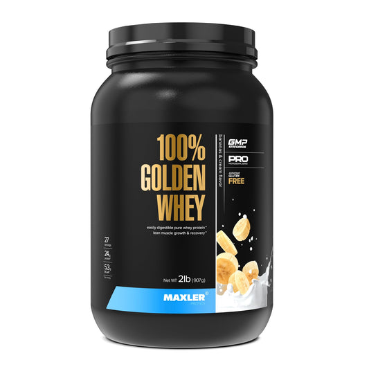 Maxler 100% Golden Whey Banana Cream tub highlights high-protein blend for daily fitness routines.