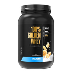 Maxler 100% Golden Whey Banana Cream tub highlights high-protein blend for daily fitness routines.