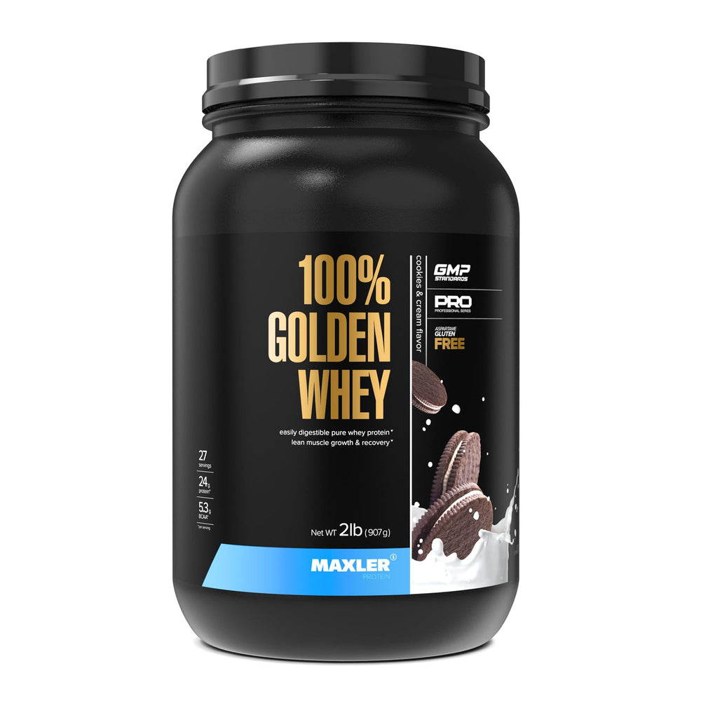 Maxler Golden Whey bottle front view for daily workout protein