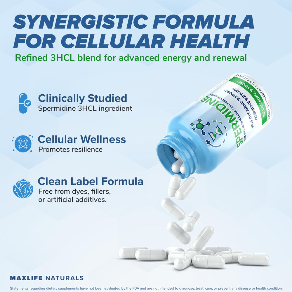 MAXLIFE NATURALS spermidine with glass of water illustrating easy consumption.