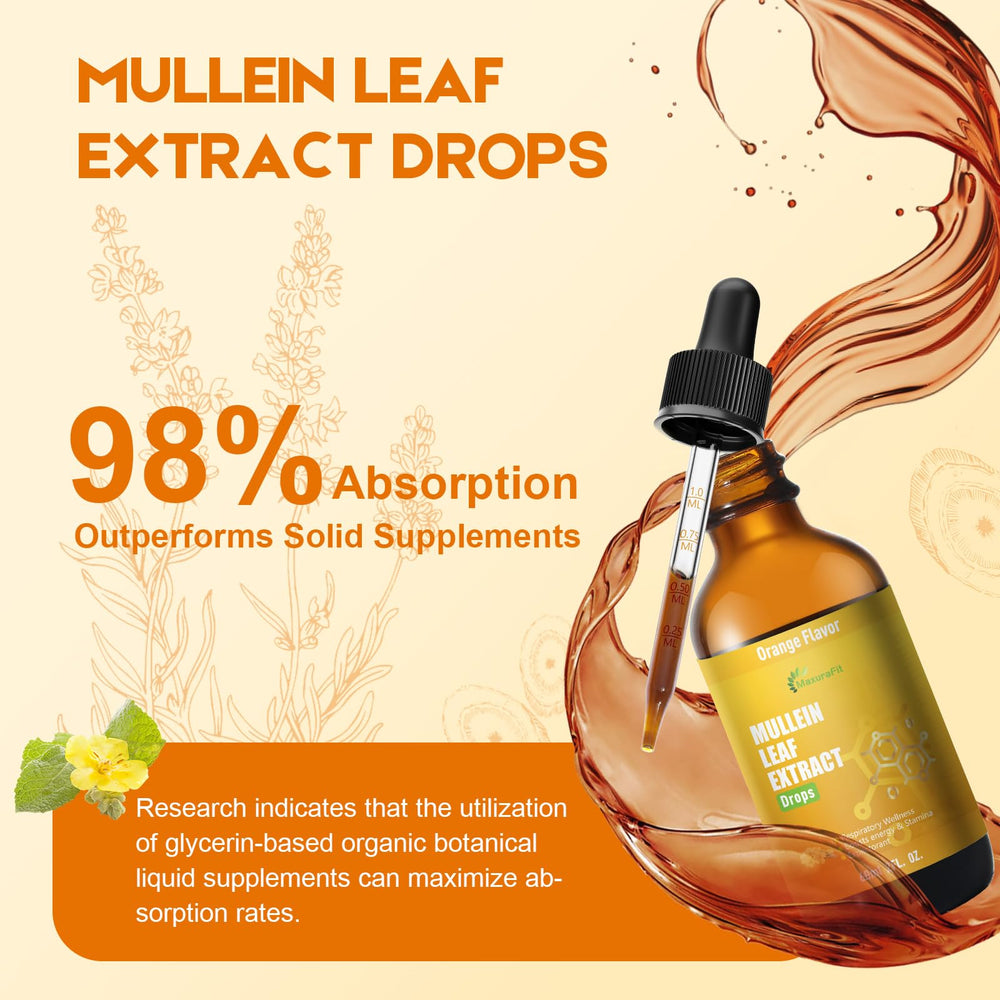 MaxuraFit Mullein Drops label highlights alcohol-free and allergen-free profile