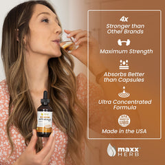 Closeup of Maxx Herb tincture drops showing precise droppers for fast absorption.
