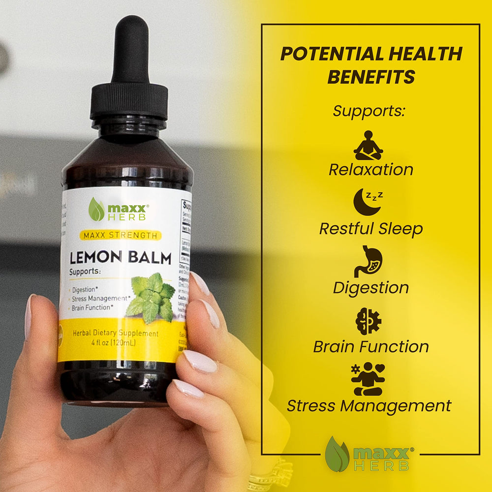 Maxx Herb lemon balm amber bottle signals high-strength extraction and USA production