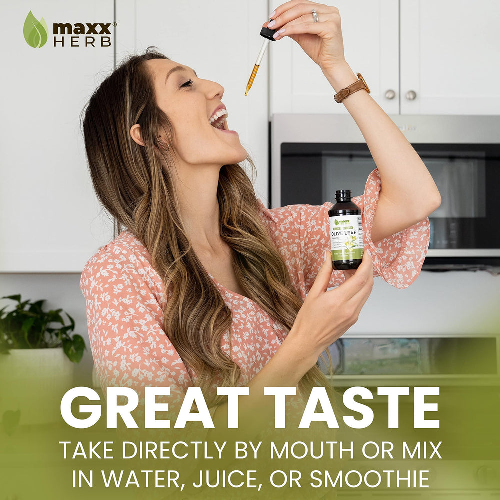 Ingredients of Maxx Herb Olive Leaf Extract show a clean glycerin-water base for versatile use
