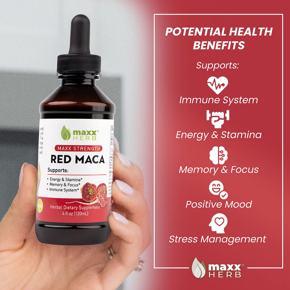 Maxx Herb Red Maca bottle label - highlights potency and ingredients