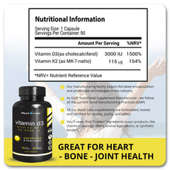 MaxX Labs Vitamin D3 K2 3000 IU bottle nutrition panel showing calcium synergy.