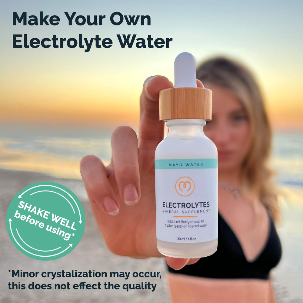 Mayu electrolyte drops bottle close-up label highlights purity and minerals.
