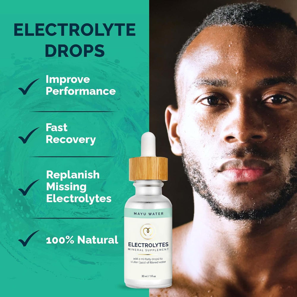 Mayu Concentrated Electrolyte Drops poured into water for quick hydration.