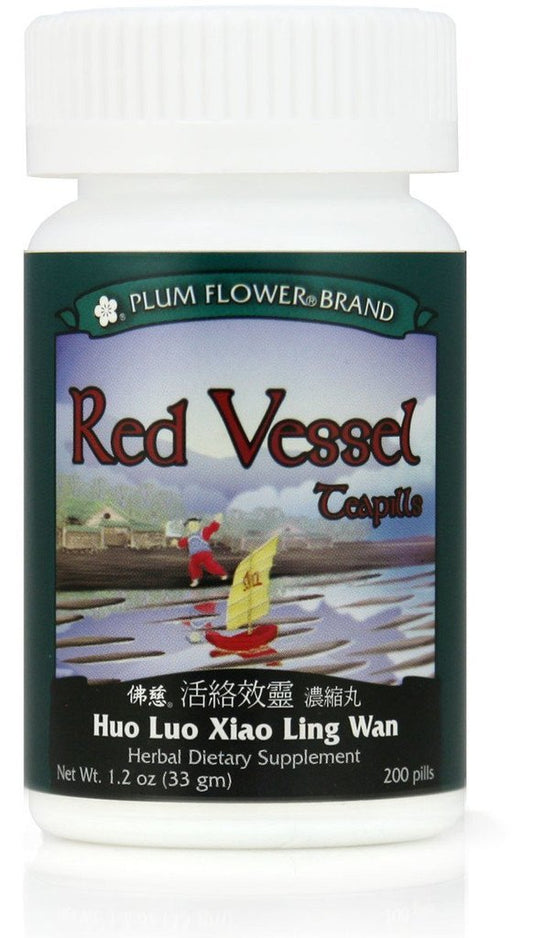 Mayway Red Vessel Teapills bottle shows capsules and label; supports qi and blood flow.